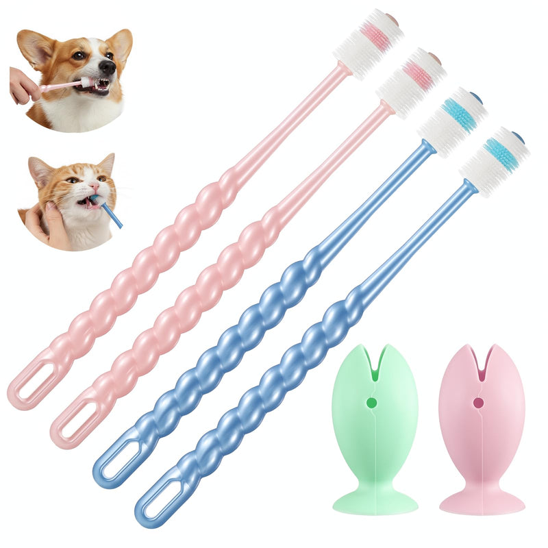 ElevateTech Small Dog and Cat Toothbrush, 4 Pcs 360 Degree Pet Toothbrushes Soft Silicone Cat Puppy Tooth Brushing Kit with 2Pcs Suction Cup Toothbrush Holder for Kitten Tiny Pet Teeth Cleaning
