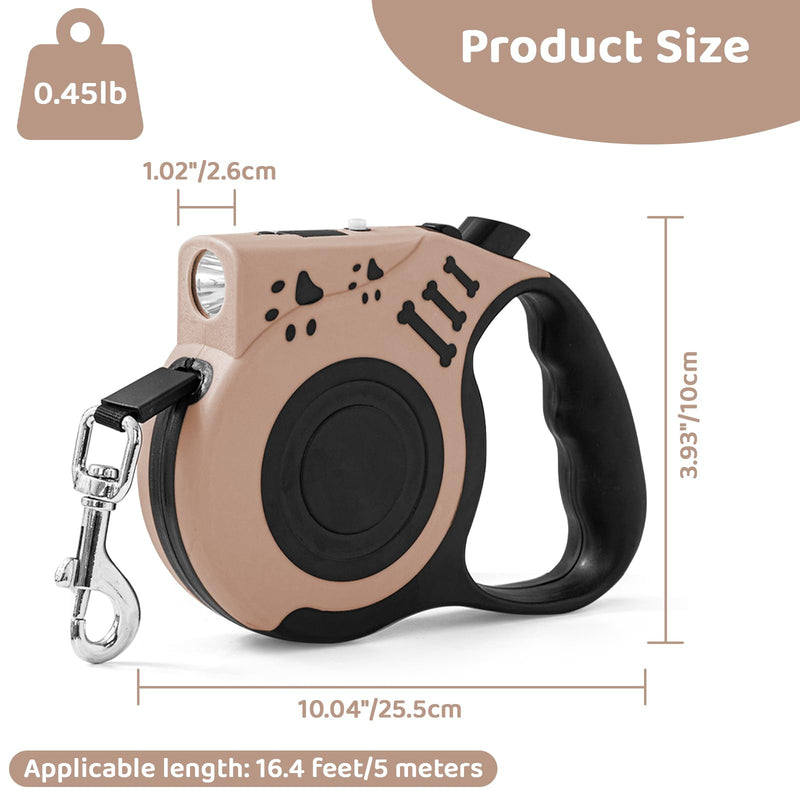 16FT Retractable Dog Leash with LED Flashlight for Night Walking, USB Rechargeable Hands-Free Leash for Small Medium Dogs, Automatic Locking & Extending, Beige - PawsPlanet Australia