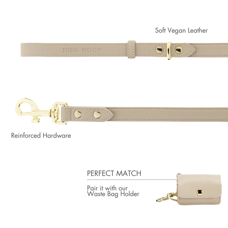 NINA WOOF Leather Dog Leash - Cupertino - Beige Slim Leash with Reinforced Hardware, European Design Soft Dog Collars, Harnesses & Leashes, 4ft - PawsPlanet Australia