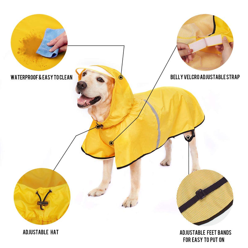 Dog Raincoat with Adjustable Belly Strap and Leash Hole - Hoodie with Reflective Strip - Waterproof Slicker Lightweight Breathable Rain Poncho Jacket for Medium Large Dogs - Easy to Wear, Yellow 4XL 4XL (Back: 24")