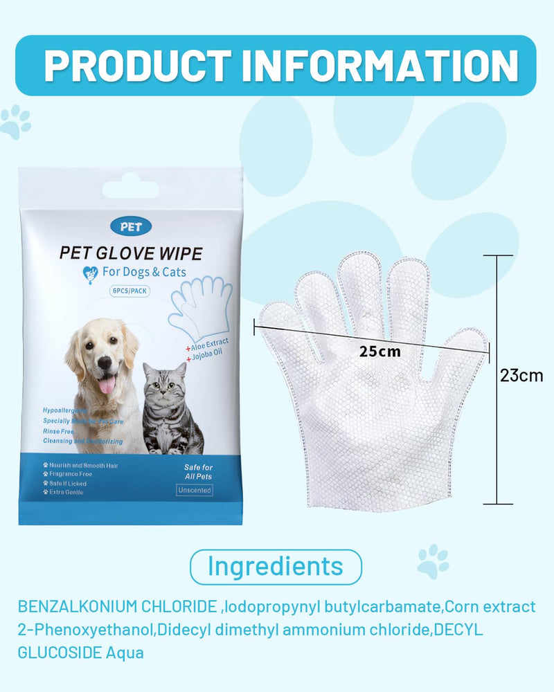 Pet Cleaning and Deodorizing Bathing Disposable Grooming Glove Wipes for Dogs and Cats, Extra Thick Nourish Fur No-Rinse Grooming Wipes for Daily Care and Travel, Hypoallergenic, Unscented, 6PCS/Pack - PawsPlanet Australia
