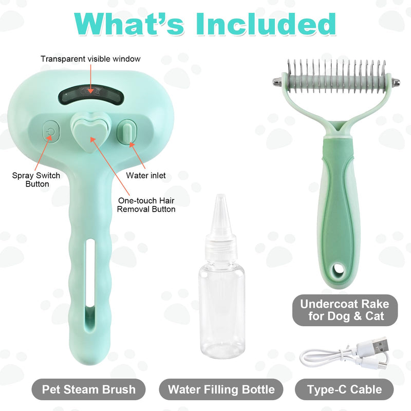 3-in-1 Pet Steam Brush for Dog Cat,Double-Sided Undercoat Rake for Shedding & Grooming,Spray Pet Hair Removal & Deshedding Dematting Comb for Long Short Haired,2 PCS - PawsPlanet Australia