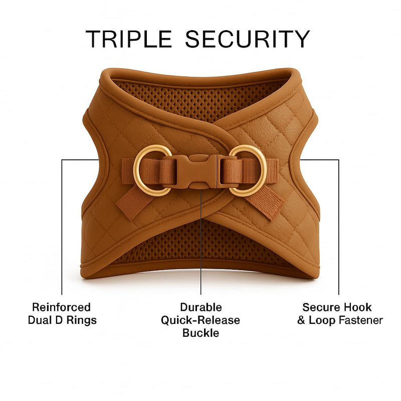 Step-in Dog Vest Harness Classic Quilted Design Vegan Leather Reflective Lightweight Breathable Mesh Soft White Taupe Brown Durable Stylish Pet Accessory (Tan Brown, Small) Tan Brown Small: Neck=9.4-11.4''/Chest=14.5-17'' - PawsPlanet Australia