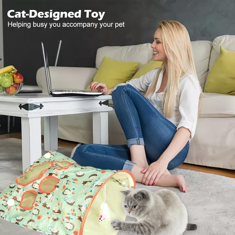 SYCOOVEN Cat Tunnel Bag for Indoor Cats, Pet Collapsible Tunnel Crinkle Sack Bag with 1 Little Mouse & Toy Ball, Crinkle Paper Interactive Cat Toys Hide and Seek(Green Pattern) green pattern - PawsPlanet Australia