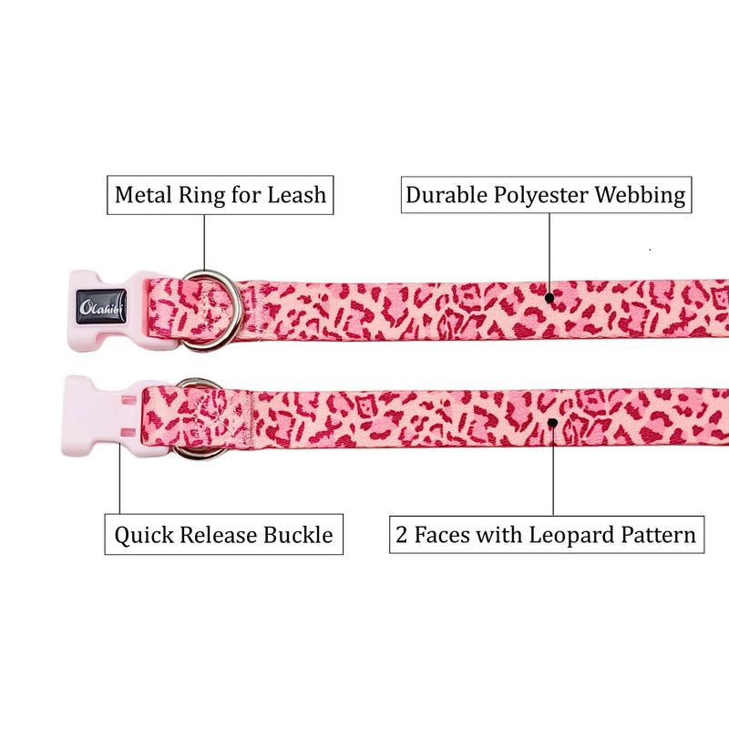 Dog Collar Leash Set, Leopard Pattern, Polyester Material, Adjustable Collar and 5ft Matching Leash, for Small Dogs.(S, Pink Leopard) Leopard Pink - PawsPlanet Australia
