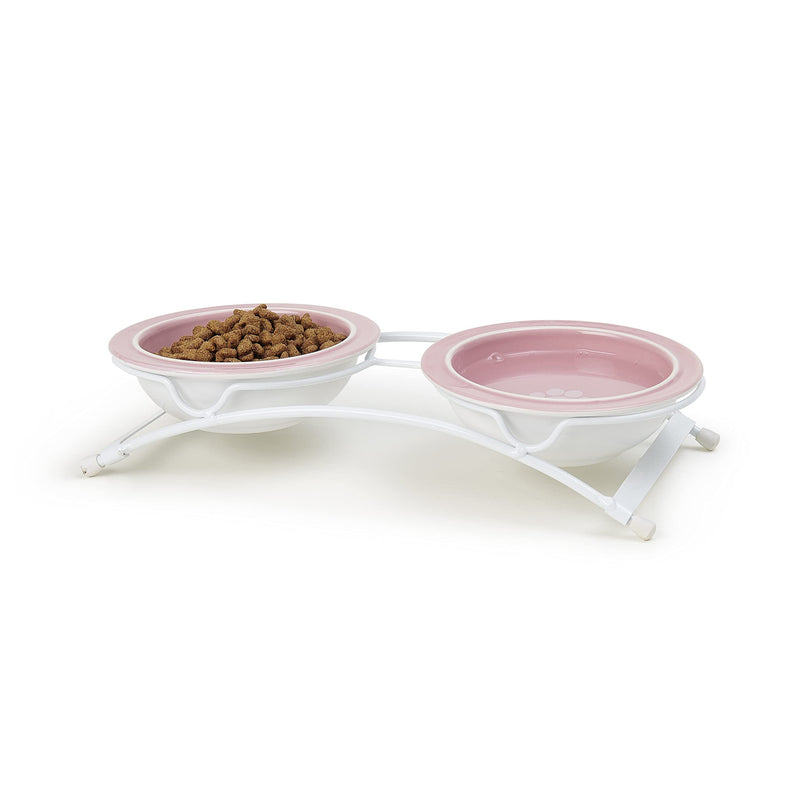 PetRageous 44355 Toftees Paws Diner with Two 1-Cup Dishwasher Safe Stoneware Bowl Capacity 10.75-Inch Length 2.25-Inch Tall for Extra Small and Small Dogs and Cats, White Diner with Pink Bowls