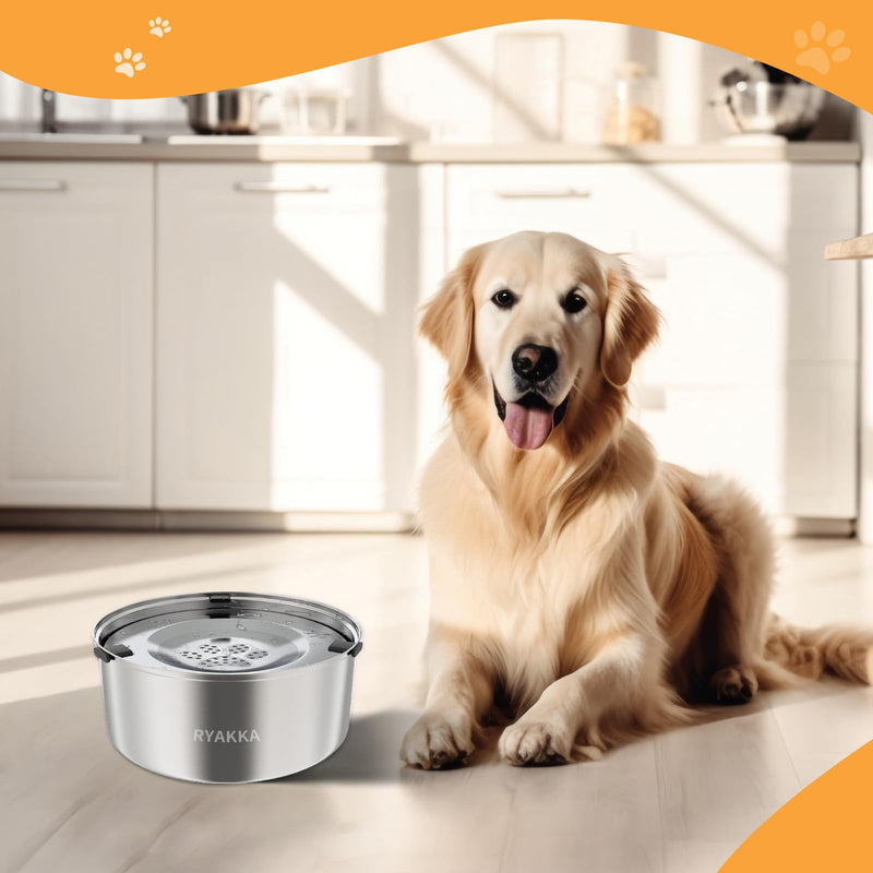 0.8 Gallon Dog Water Bowl & 2 Pack Filter Stainless Steel No Spill Dog Bowls Slow Drinking Dog Water Feeder Dispenser Polished Stainless Steel - PawsPlanet Australia