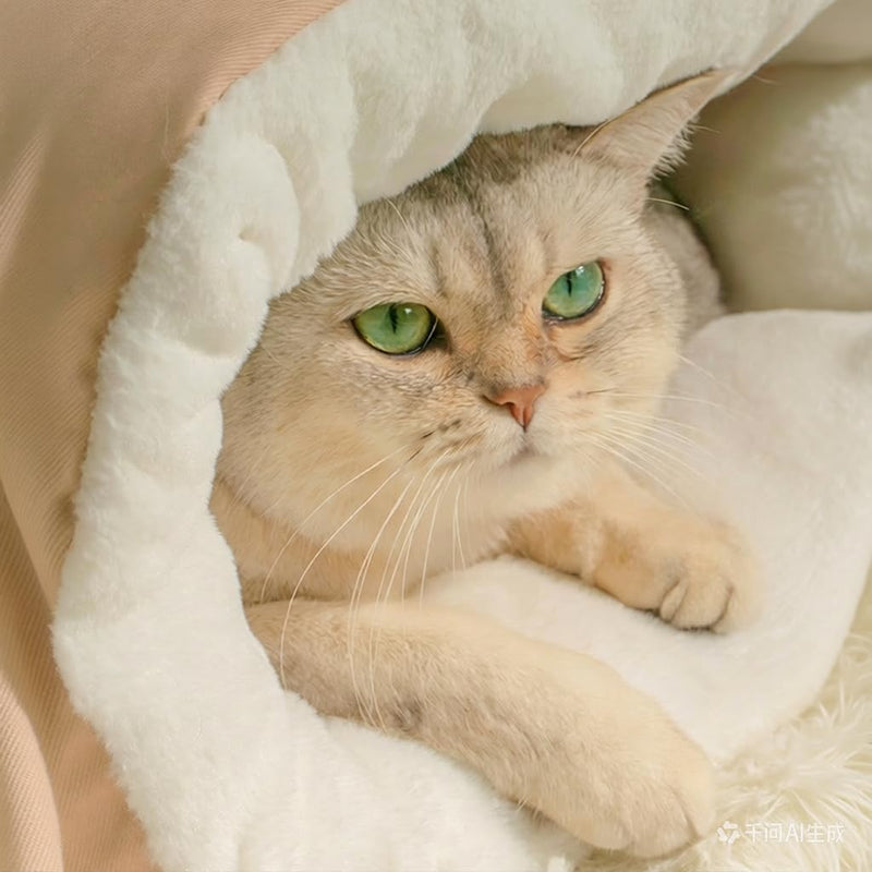 Cat Sleeping Bag Cave Bed Self Warming Heated Cat Bed Cozy Enclosed Cat Cave for Indoor & Outdoor Cats, Fluffy Warm Burrow Cat Bed Winter, Washable Hooded Cat Nest Pet Cave Bed