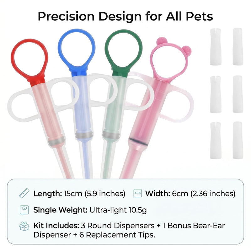 Pet tablet dispenser, set of 4, with 6 soft silicone tips, suitable for cats, dogs and other small pets, for tablets, capsules and liquids