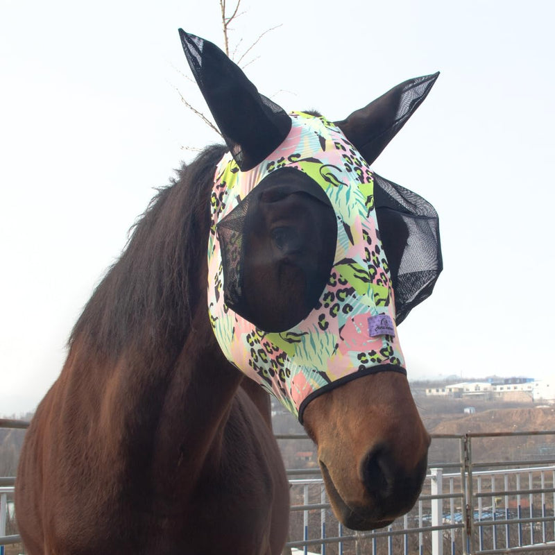 Stretchy Horse Fly Mask with Extra-Large Eyes & Mane Opening – Soft, Breathable Fly Mask for Horses, Tangle-Free Design, Enhanced Visibility (Pink and Blue Stripes, Full (Large)) Pink and Blue Stripes Full (Large)
