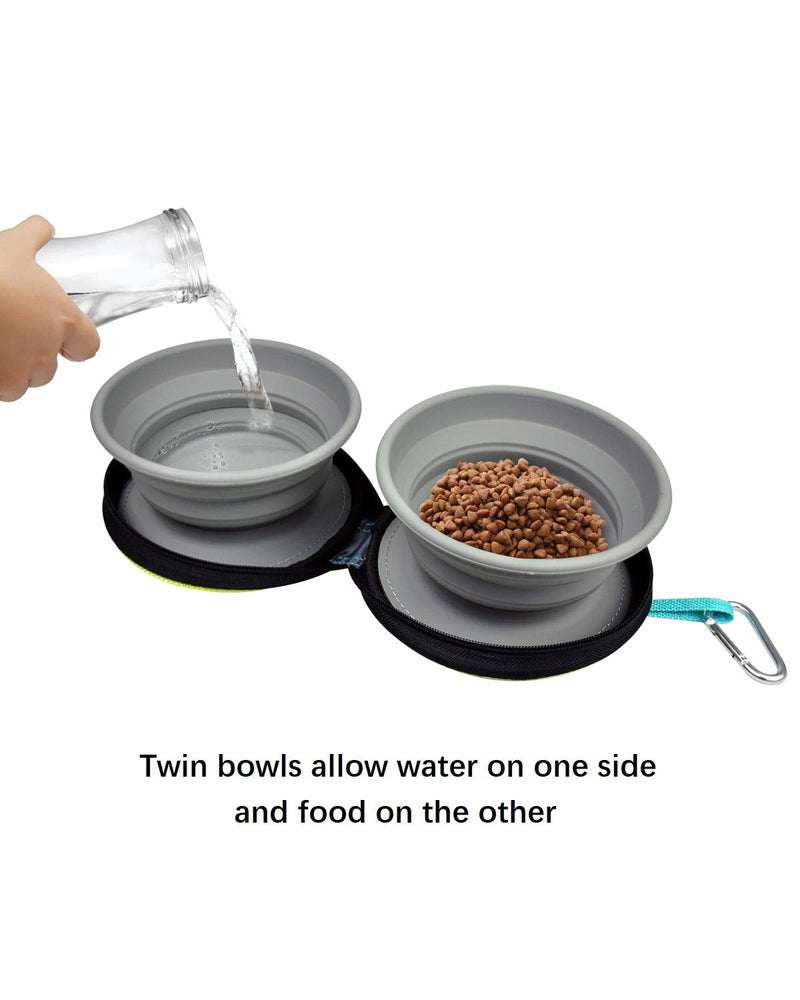 KALLAK Travel Twin Pet Bowls for Dogs or Cats, Collapsible Silicone Bowls for Food and Water Feeding, Anti-Dirty Foldable Zip Up Carry Case with Carabiner Clip, Portable Hiking Dog Bowl - Turq - PawsPlanet Australia