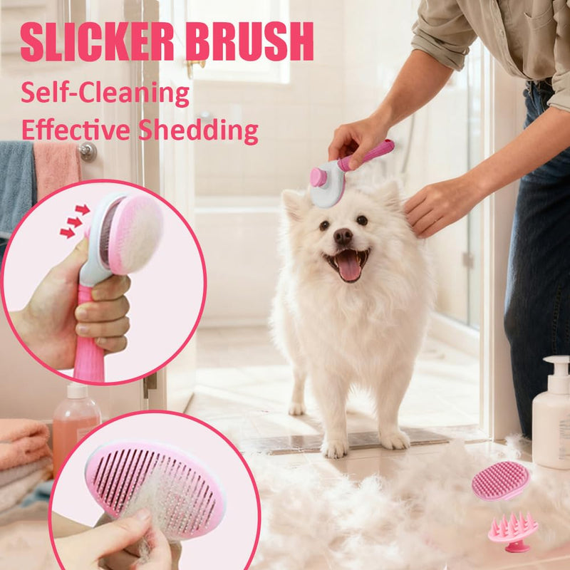 Dog Bath Brush Bathing Kit 5PCS - Pet Washing Brush, Dog Brush for Shorted Haired Dogs, Dog Scrubber for Bath, Scalp Scrubber Hair Bath Brush Set Pink D-BATH 5 KITS