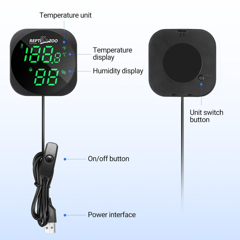 REPTI ZOO Thermometer Hygrometer, LED Digital Thermo Hygrometer for Reptile Terrarium Pet Rearing Box, Reptile Tank Thermometer with 55.2" Cable USB Power Supply Black - PawsPlanet Australia