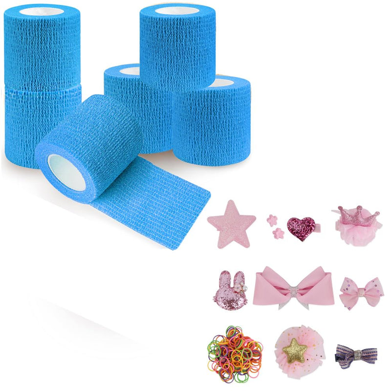 QUMY 6 Pack Blue Self-Adhesive Bandage Wrap 2 Inch x 5 Yards and Dog Hair Clips Set