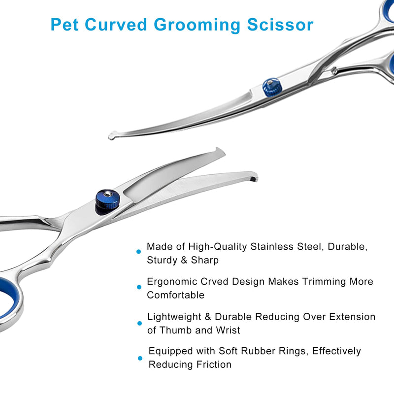 Pet Grooming Scissors, 6" Up Curved Dog Grooming Scissors Set with Safety Round Tip, Stainless Steel Pet Grooming Dog Cat Hair Cutting Trimming Scissors