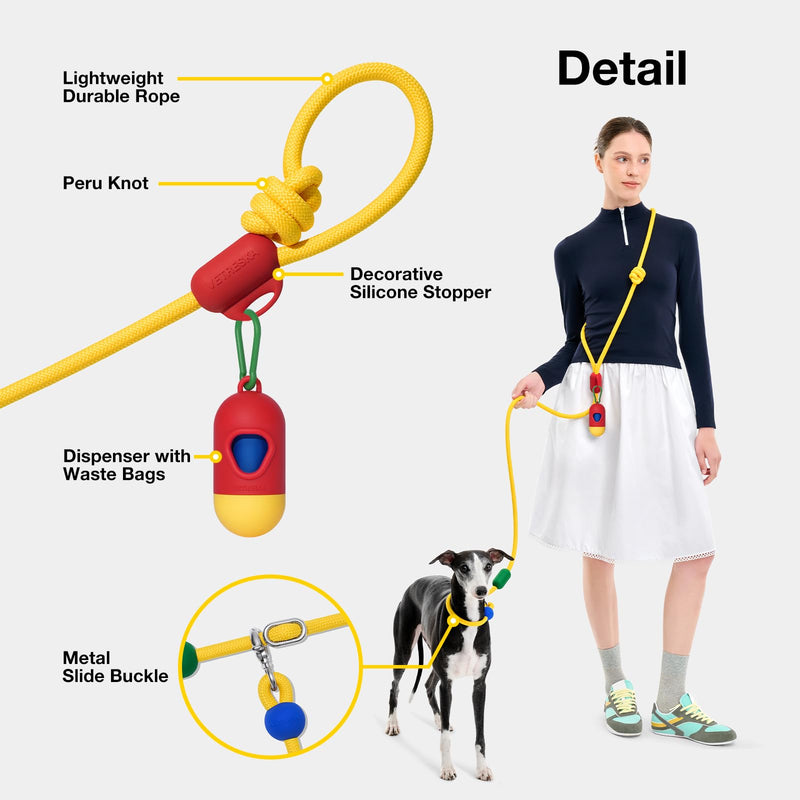 VETRESKA Hands-Free Dog Leash, 8FT Adjustable Rope Leash for Medium Large Dogs, Waist/Crossbody Slip Lead Leashes for Walking, No Pull Dog Leashes with Bag Dispenser, 2 in 1 Walk Kit (Chroma) Chroma Yellow - PawsPlanet Australia