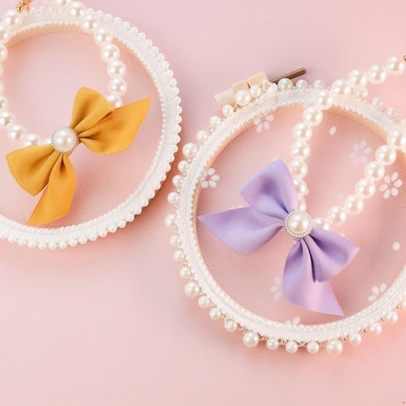 Purple Small Dog Pearl Necklace with Bow, Jewelry Dress Up Pet Decorative Dog Leash Necklace, Pet Collars Kitten Dog Bell Necklace Collars (M 25-31cm) - PawsPlanet Australia