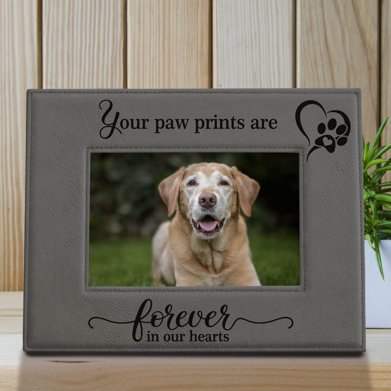 KATE POSH - Your Paw Prints are Forever in our Hearts. Engraved Leather Picture Frame. Memorial Pet Gift, Loss of Dog and Cat, Pet sympathy gift, In memory of (4" x 6" Horizontal) 4" x 6" Horizontal - PawsPlanet Australia