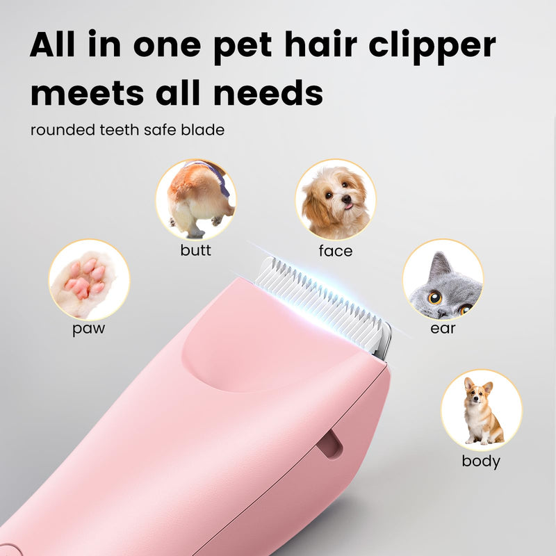 Dog Clippers Pet Grooming Kit, Low Noise Dog Hair Trimmer for Grooming Cordless Pet Shaver with LED Light for Dogs Cats Animals Pink