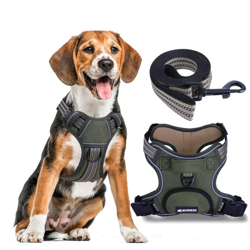 No Pull Dog Harness for Large Dogs, Adjustable No Choke Pet Vest with Dog Leash Fit Smart Reflective Pet Walking Harness for Training Easy Control Soft Handle Green L Army Green - PawsPlanet Australia