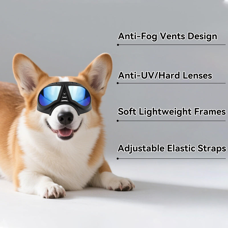 Small Dog Goggles Windproof for Small-Medium Breeds Dog Sunglasses Anti-UV with Adjustable Straps - Blue Blue Lenses