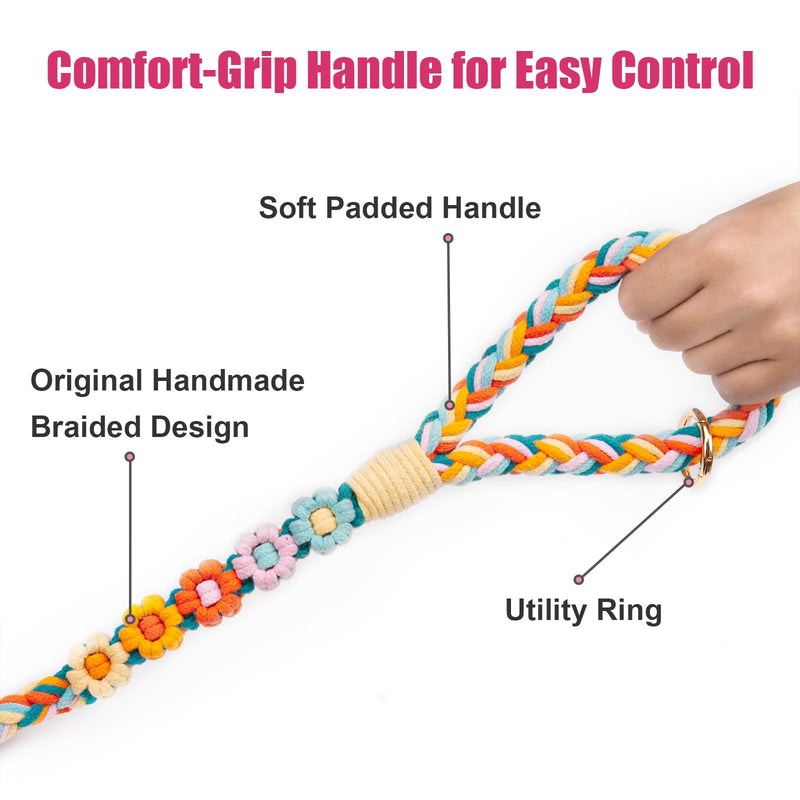 Handmade 5ft Braided Cotton Dog Leash with Unique Floral Handle, Durable and Stylish, Ideal for Small to Large Dogs,Rainbow Mix Fiesta Twist - PawsPlanet Australia