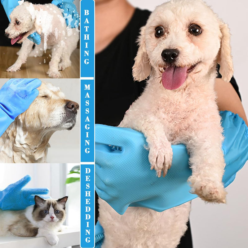 Pet Grooming Gloves Pet Hair Remover Cat, Dog Washing Gloves Silicone Heat Resistant Cleaning Gloves with High-Density Teeth Grooming Gloves for Dogs, Cats, Horses, Rabbits (1 Pair - Blue) 1 Pair - Blue - PawsPlanet Australia