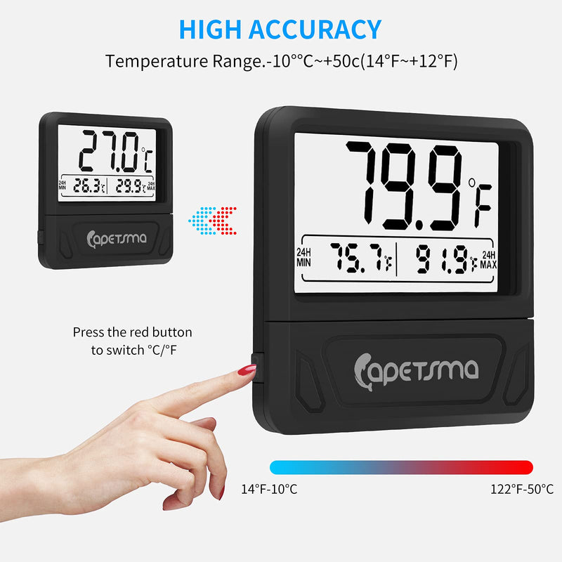 capetsma Aquarium Thermometer Digital Fish Tank Thermometer Large LCD Screen Records High & Low Water Temperature in 24 hrs Black