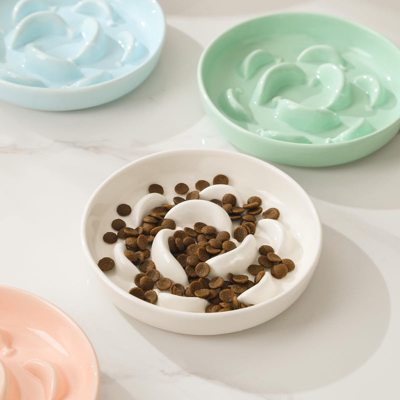 Ceramic Cat Slow Feeder Bowl - Pastel Series Slow Feeding Cat Bowls - Cute Maze Cat Food Plate for Healthy Eating - Fun Cat Puzzle Feeder Dish - Dishwasher Safe - 6.3''W x 1.2''H - 7 OZ - Ivory White - PawsPlanet Australia