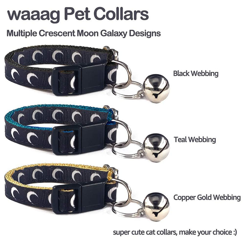 Waag Crescent Moon Galaxy Space Cat Collar - Multiple Designs, Safety Breakaway Collar (Teal Webbing, XXS 6.5"-10" Neck) 6.5-10 Inch (Pack of 1) Teal Webbing - PawsPlanet Australia