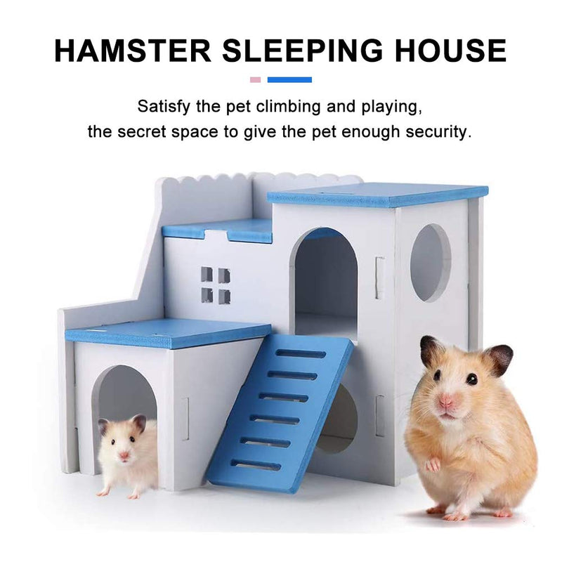 WishLotus Wooden Hamster House, Small Animal Hideout Hamster House with Funny Climbing Ladder Exercise Toys Luxury Two Layers Hut for Dwarf Hamster, Chinchilla, Rat, Gerbil, Mouse (Blue)