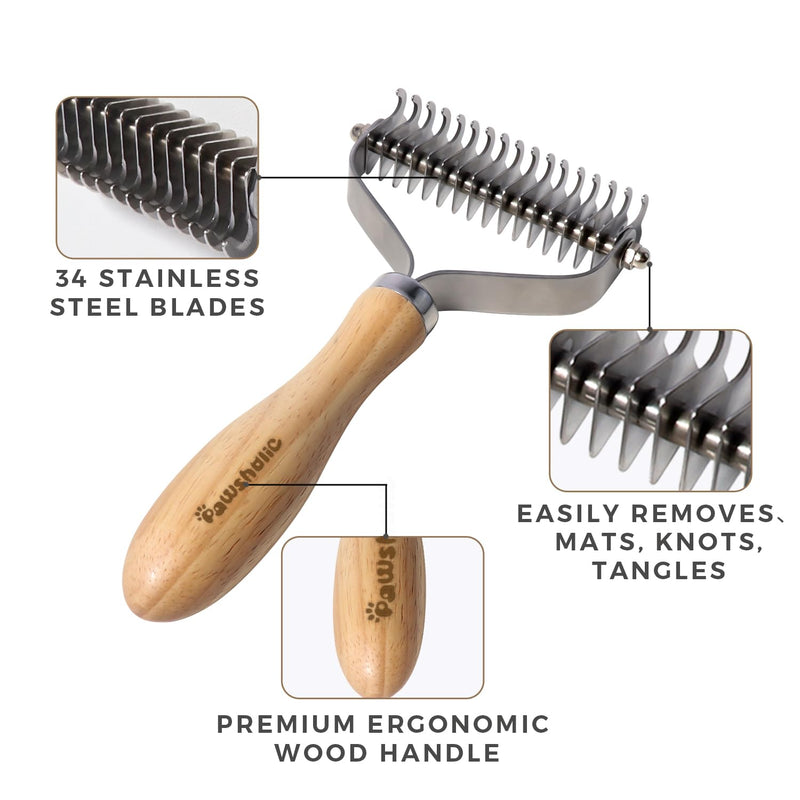 Undercoat Rake for Dogs - Professional Pet Shedding Dematting Comb with Wood Handle, Stainless Steel Blades for Pet Cats Dogs Matted Hair Tangles Removing 2 Sides Dematting Comb - PawsPlanet Australia