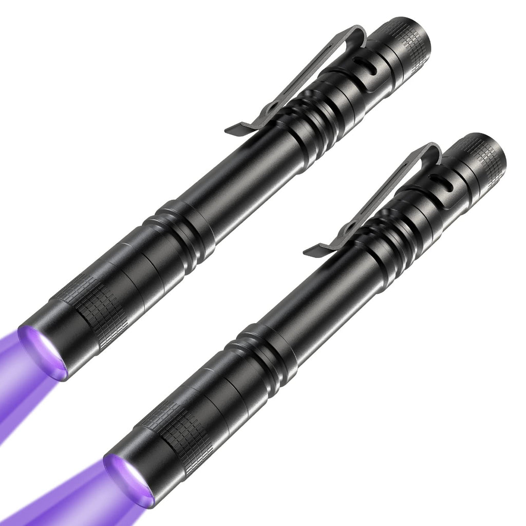 COSOOS 2 UV Black Light Flashlight, 2 Pack 395nm Mini Pen Light with Clip, Waterproof Ultraviolet Flashlight for Leak, Pet Urine, Scorpion, Hotel Inspection, Dry Stain and Bed Bug.