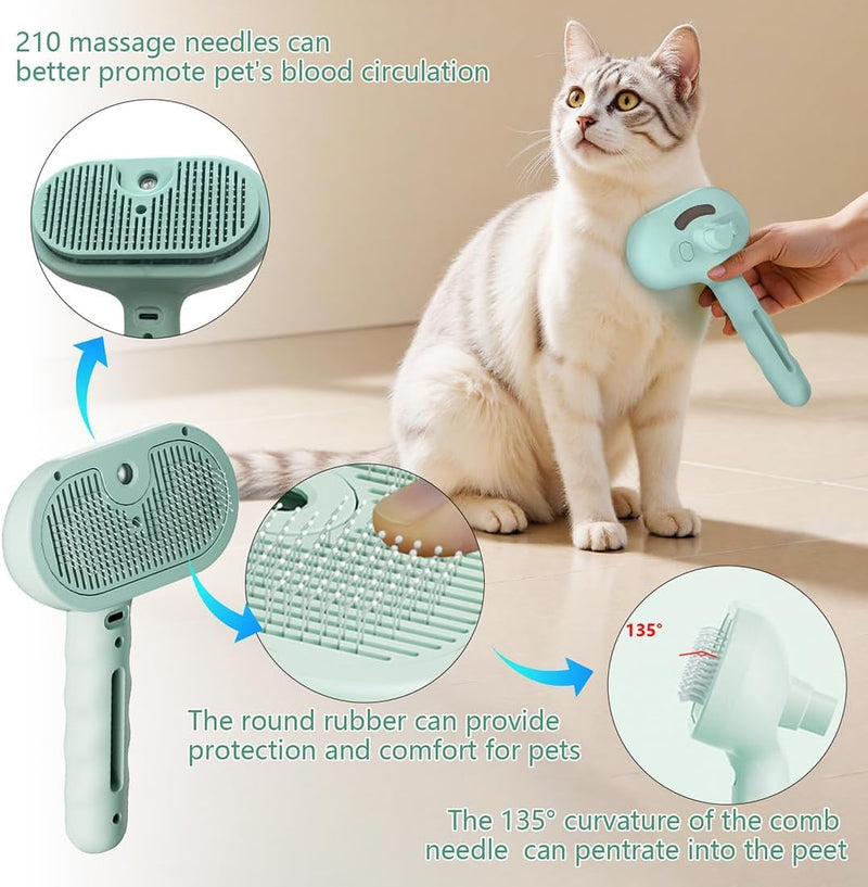 Pet Steam Brush for Dog and Cat，3 in 1 Spray Hair Removal Comb，Steam for Shedding & Grooming，Water Brush for Long and Short Haired Pets Remove Tangled Loose Hairs (Green) Green - Empty Bottle - PawsPlanet Australia