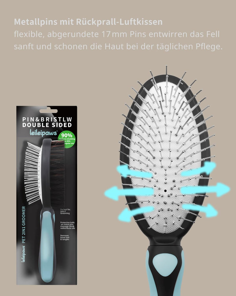 2-in-1 Dog Brush & Cat Brush - Detangling Comb for Long Hair & Short Hair, Metal Pins & Natural Bristles, Ergonomic TPR Handle, Gentle and Effective Grooming (Blue/Black)