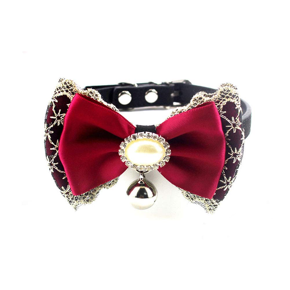 Bling Rhinestone Lace Bow Tie Cat Dog Collar with Bell for Small Dogs Female Kitten - Chihuahua Yorkie Clothes Accessories Costume Outfits, Adjustable and Handmade (Red Lace, Size M) Red Lace