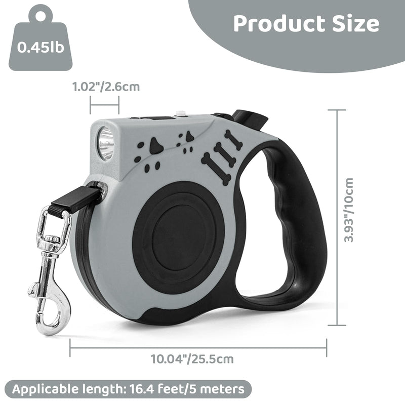 16FT Retractable Dog Leash with LED Flashlight for Night Walking, USB Rechargeable Hands-Free Leash for Small Medium Dogs, Automatic Locking & Extending, Grey - PawsPlanet Australia