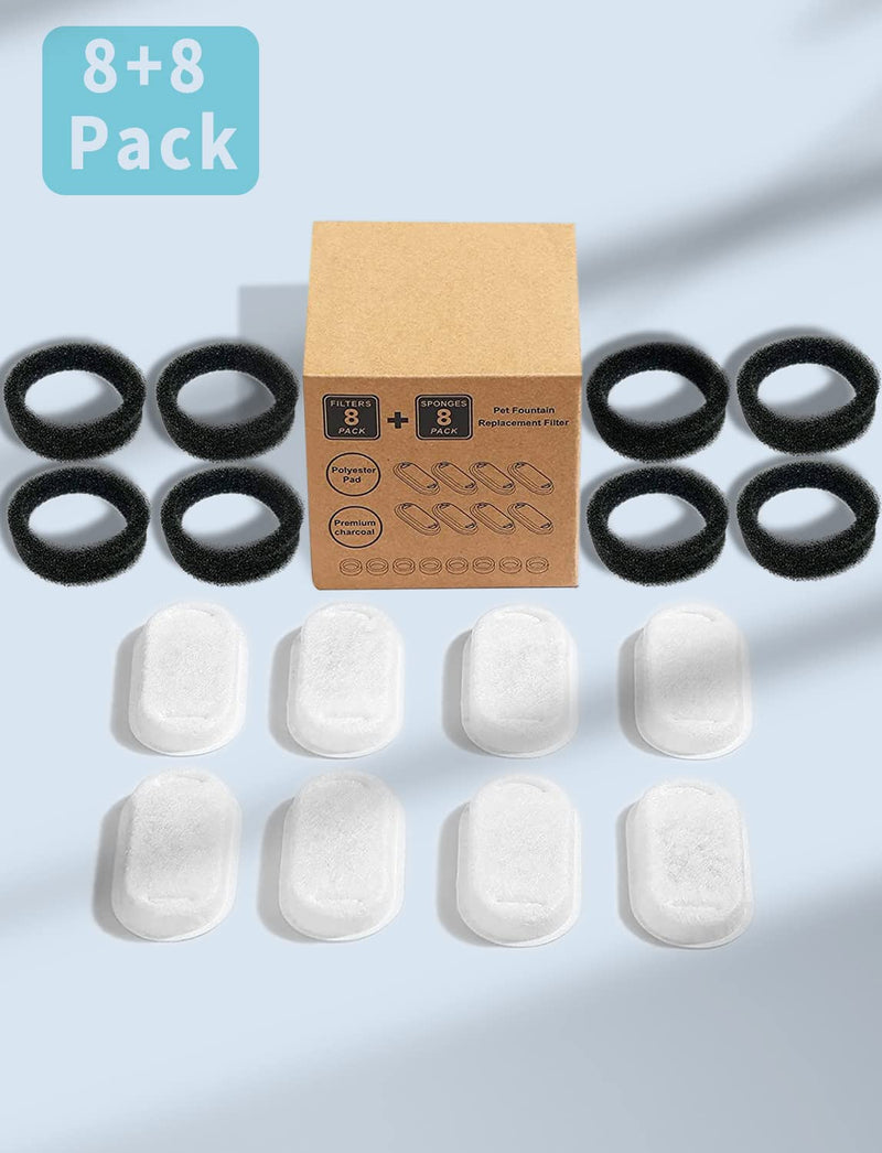 4 Pack / 8 Pack /12 Pack Cat Water Fountain Filters, Replacement Filters for 3.2L/108oz(2L/ 67oz) Stainless Steel Pet Fountain, Dog Water Fountain with 4 Pack / 8 Pack /12 Pack Sponges 8 Carbon Filters + 8 Sponges - PawsPlanet Australia