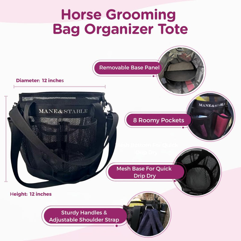 Horse Grooming Bag Hanging Tote with 8 Pockets - Lightweight Mesh Organizer for Horse Supplies, Adjustable Shoulder Strap + Bonus Grooming Set Black - PawsPlanet Australia