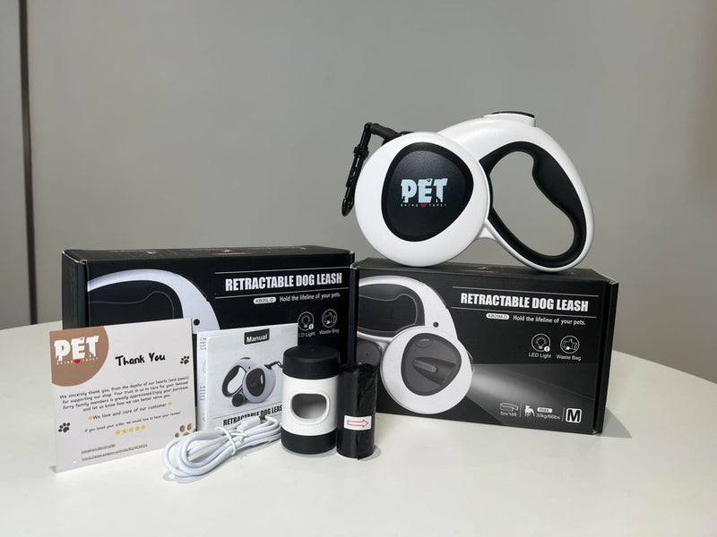 4-in-1 Retractable Dog Leash 16ft with LED Light, Poop Bag Dispenser & Bags – Heavy Duty, Tangle-Free Leash for Small to Large Dogs up to 110lbs, One-Button Brake & Anti-Slip Handle (L) - PawsPlanet Australia