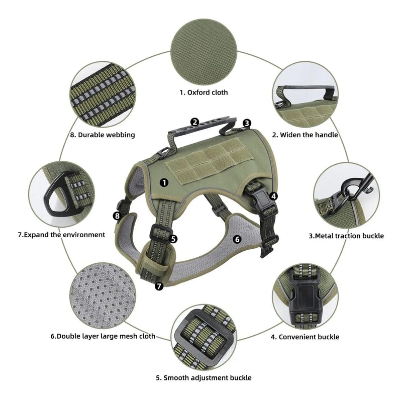 Tactical Dog Harness with Leash for Large Dogs, No Pull Adjustable Dog Harness, Reflective K9 Working Pet Vest for Walking, Training (Army Green, XL) Army Green - PawsPlanet Australia