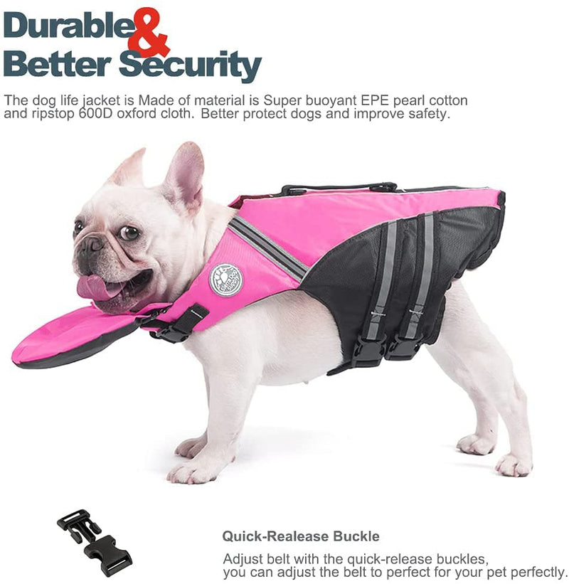 French Bulldog Life Jacket, Life Vest with Chin Float Rescue Handle for Corgi Pug, Adjustable High Visibility Flotation Swim Vest for Swimming Boating (Pink) Chest Girth 16.5"-29.5" Pink