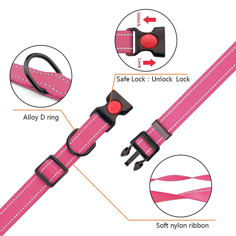 Reflective Dog Collar and Leash Set with Safety Locking Buckle Nylon Pet Collars Adjustable for Small Medium Large Dogs 3 Sizes(Hotpink&M) M Hotpink
