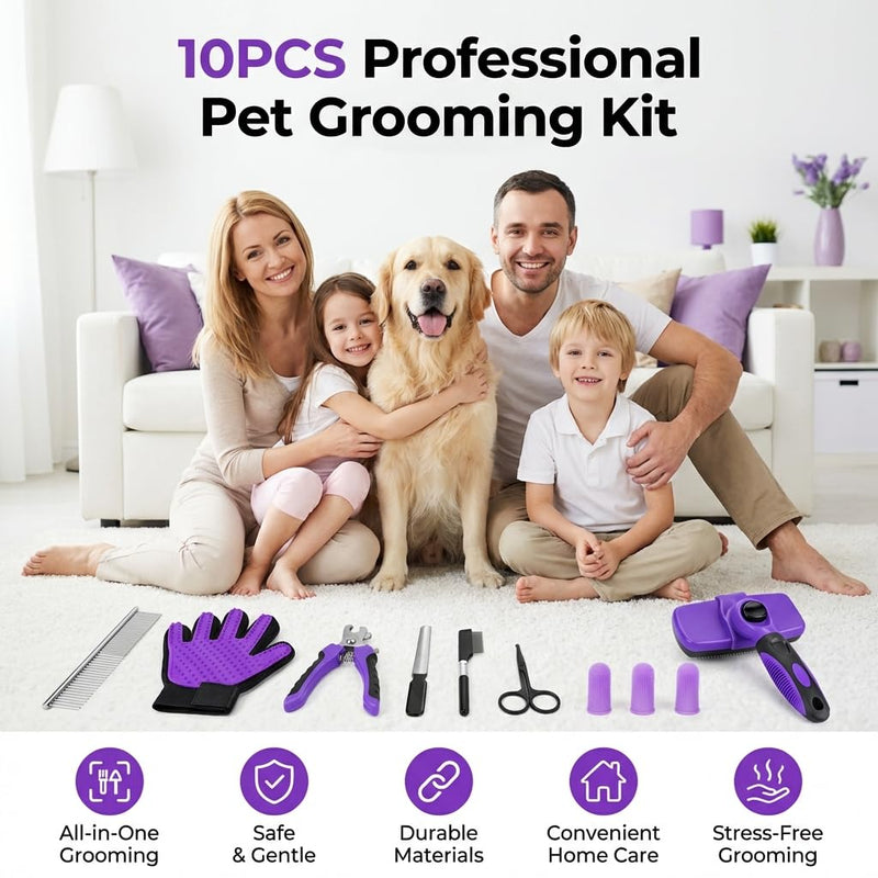 10PCS Dog Grooming Kit & Puppy Bathing Supplies, Dog Washing Kit with Dog Brush, Deshedding Tool, Grooming Gloves, Nail Clippers – Cat Grooming Kit for Long Hair & Rabbit Grooming Kit