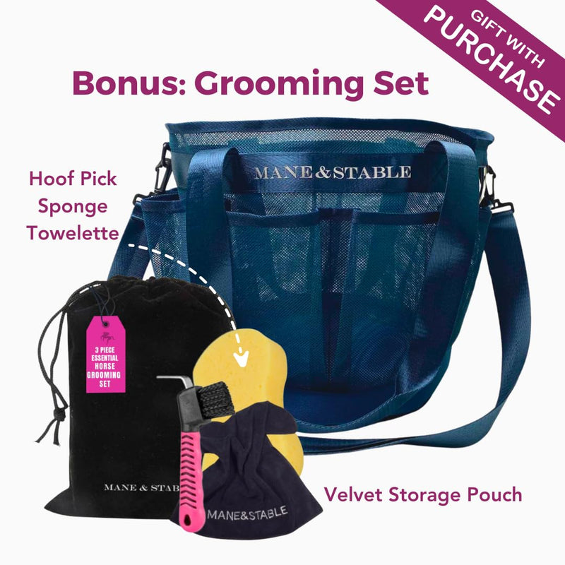 MANE & STABLE Horse Grooming Bag – Hanging Royal Blue Mesh Tote with 8 Pockets & Spacious Compartment | Quick-Drain Design for Barn, Trailer & Wash Rack | Bonus Grooming Set Included - PawsPlanet Australia