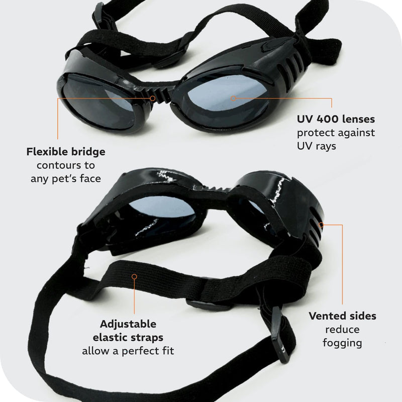 PetSpex® Dog Sunglasses for Large Breeds, Pet Goggles with UV Protection, Windproof Water Resistant Pet Glasses with Adjustable Head and Chin Straps for Outdoor Adventures, Large, Black Black Frame - PawsPlanet Australia