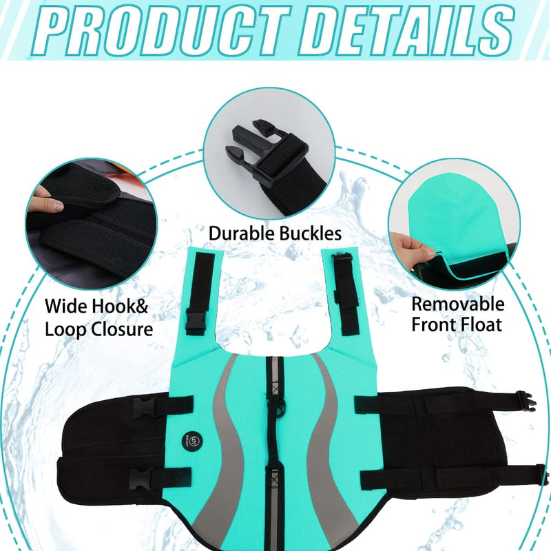 EMUST Life Jacket for Large Dogs, Dog Life Vest for Small/Medium/Large Dogs with Double Rescue Handles, High Reflective Dog Life Preserver for Swimming, Turquoise,L L - PawsPlanet Australia