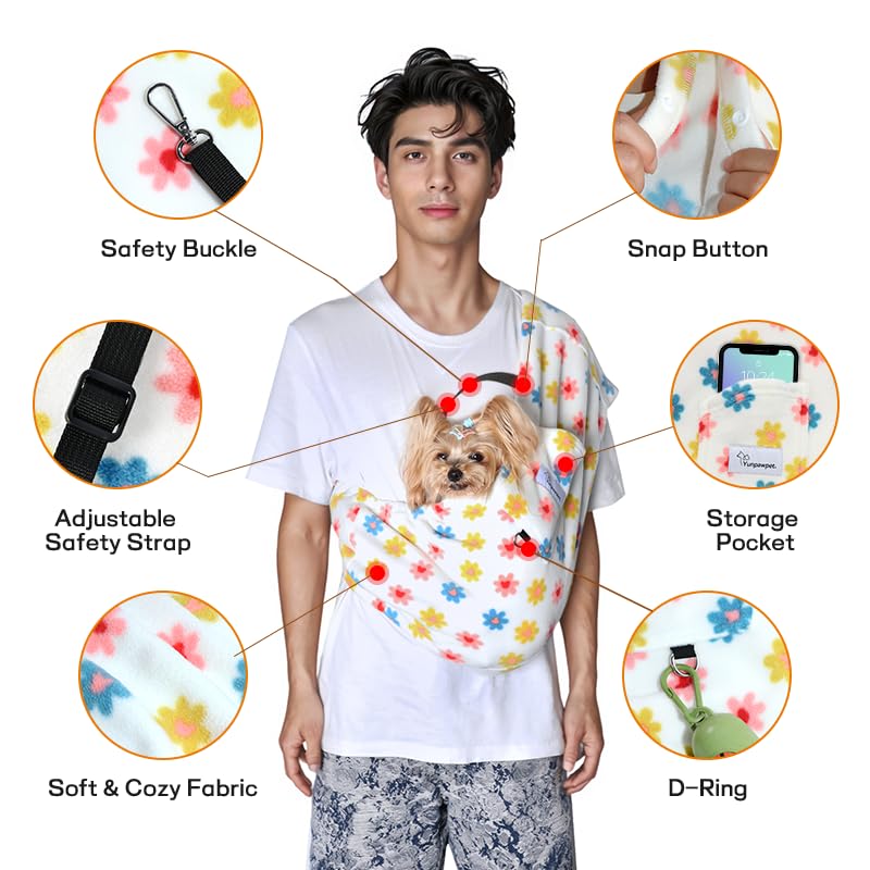 Dog Sling Carrier - Dog Slings for Small Dogs up to 10 lbs, Dog Carrier Sling with Adjustable Safety Strap & Buckle, Small Dog Sling for Travel, Dog & Cat Chest Sling Carrier (Daisy) Daisy - PawsPlanet Australia