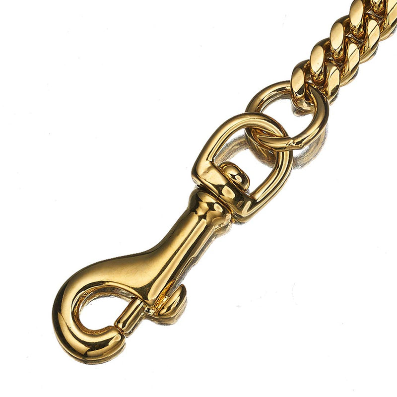 Strong Dog Chain Gold Leash Long 3FT 4FT 5FT 18K Stainless Steel 12mm Curb Cuban Link Dog Leash with Comfortable Genuine Leather Handle(Gold, 4FT) 18K Gold 4FT (48inches) - PawsPlanet Australia