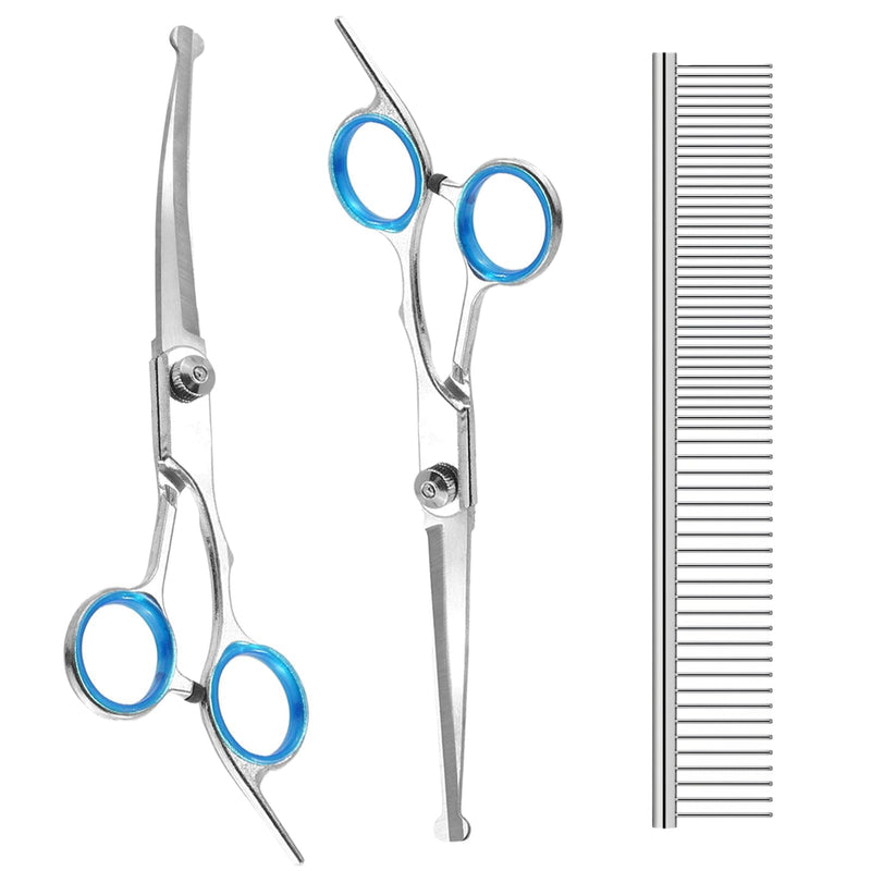 Dog Grooming Scissors Set with Safety Rounded Tips, 3-in-1 Stainless Steel Pet Dog Cat Grooming Tools with Sharp Straight Shears Curved Scissors and Comb for Face Ear Nose Paw Hair Trimming
